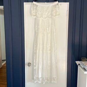 Pink Blush - White Lace Mesh Overlay Off Shoulder Maternity Maxi Dress - SMALL